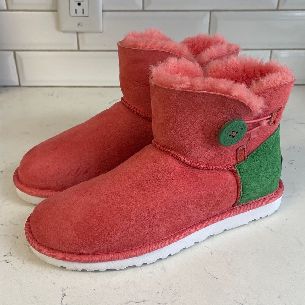 UGG Mini Bailey Button Neon Pink & Green Boots Style Number 1004318 Size 9 Rare